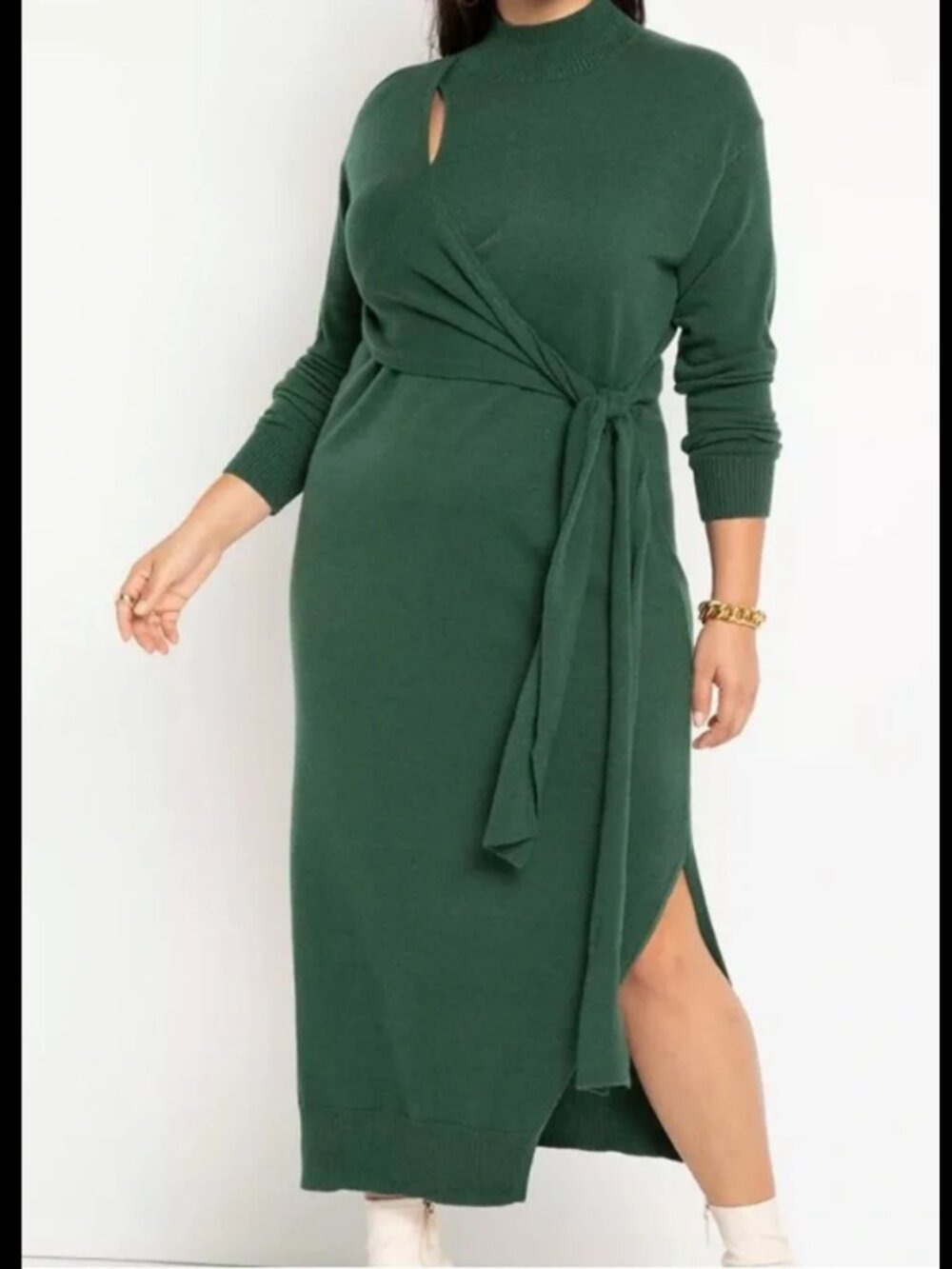 Forest Green Waist Tie Sweater Dress